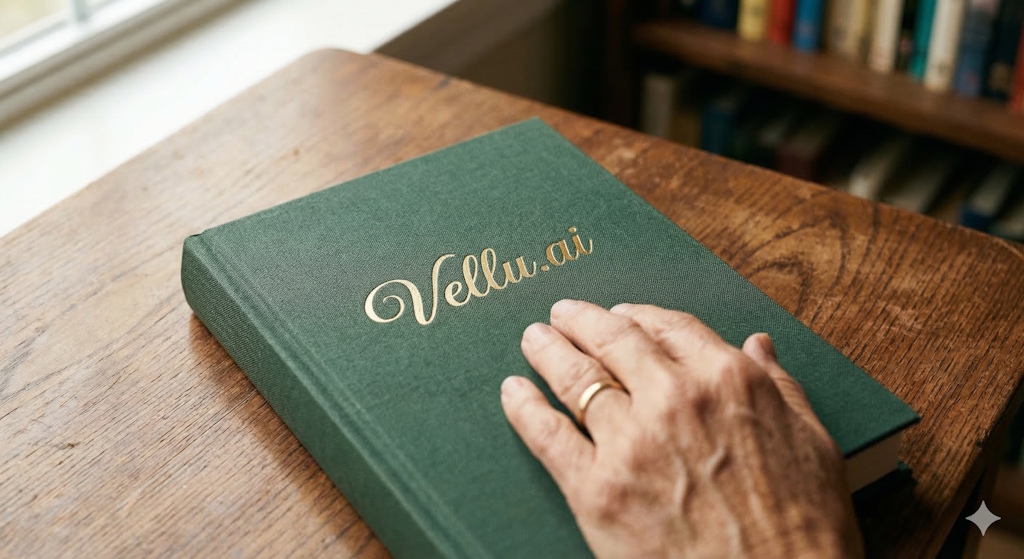 A hand resting on a green linen hardcover book with gold Vellu.ai lettering, on a wooden desk with a bookshelf in the background