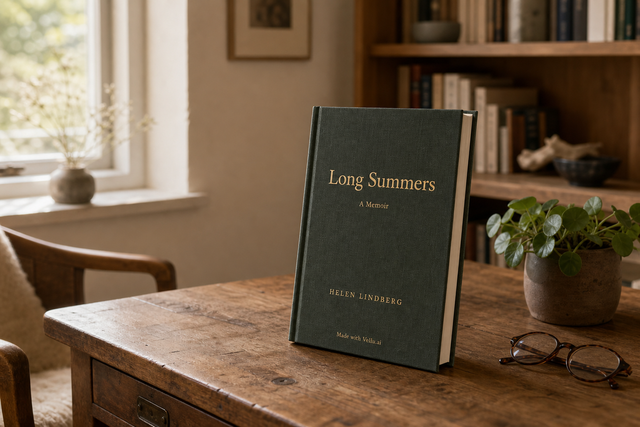 A green linen hardcover memoir titled "Long Summers" by Helen Lindberg stands on a worn oak writing desk, with a bookshelf and a houseplant softly in the background and reading glasses folded beside it